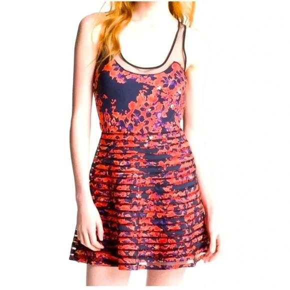 Parker Orange & Black Petal Bloom Mesh Sleeveless Fit & Flare Silk Dress Size M - Picture 10 of 10